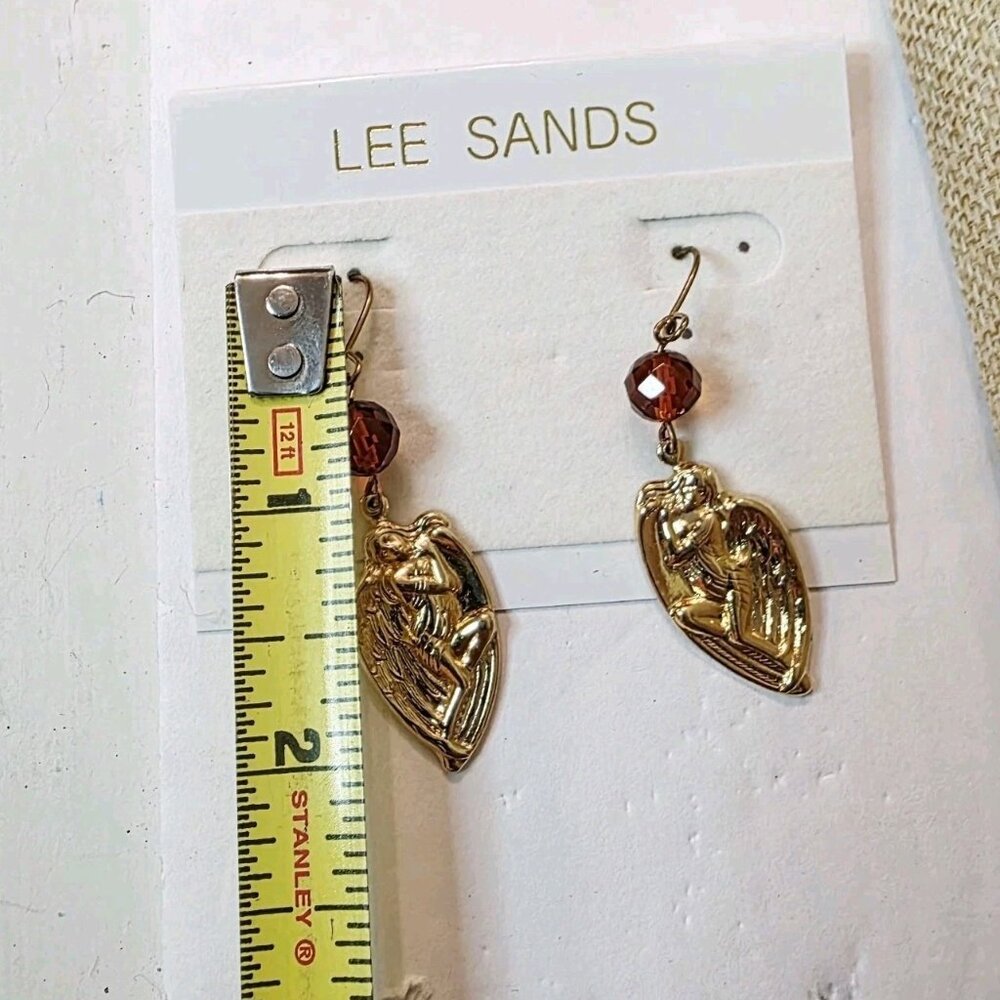 Vtg Lee Sands Winged Angels Dangle Drop Gold Tone Amber Bead Earrings - Picture 4 of 4